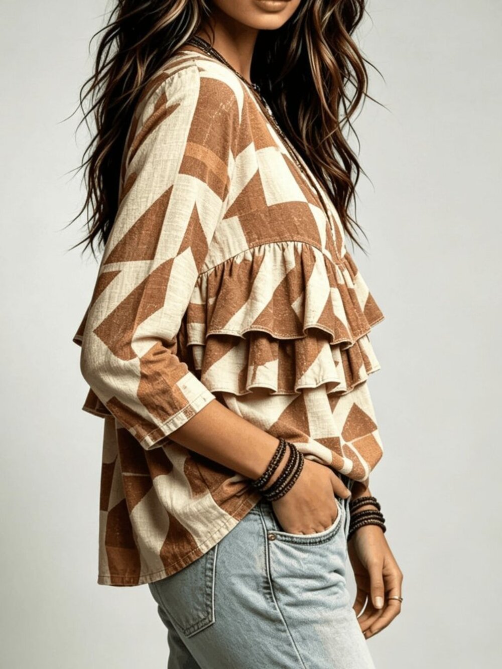 Multicolor Casual Sexy Women's Deep V Neck Ruffle Tiered Top - Picture 5 of 7